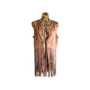 HOTOUCH vest Fringe Boho Retro tie front sleeveless XL brown